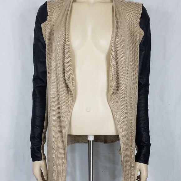 7 for All Mankind tan beige black Lamb leather sleeve open front cardigan Small - Picture 1 of 14